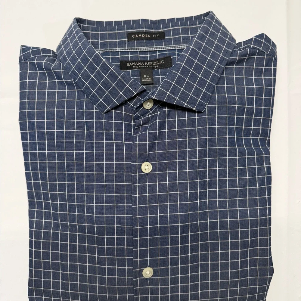 Banana Republic Navy and White Windowpane Dress‎ Shirt